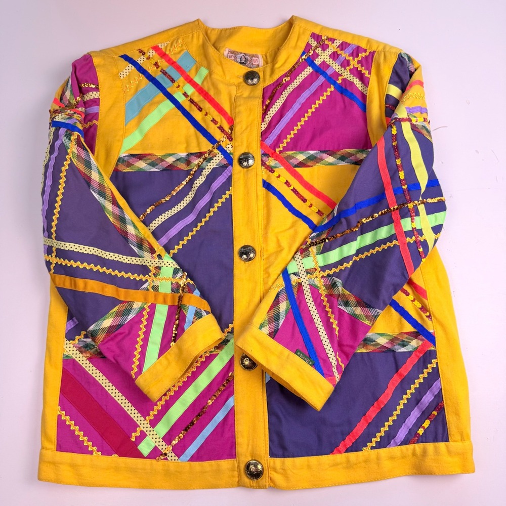 Gene Ewing BIS Vintage Patchwork Sequin Ribbon Jacket Yellow Multi Cotton Small